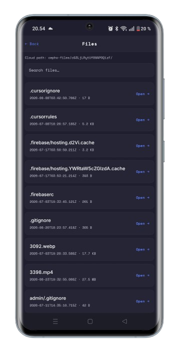 Cepho mobile app file browser showing synced cloud files